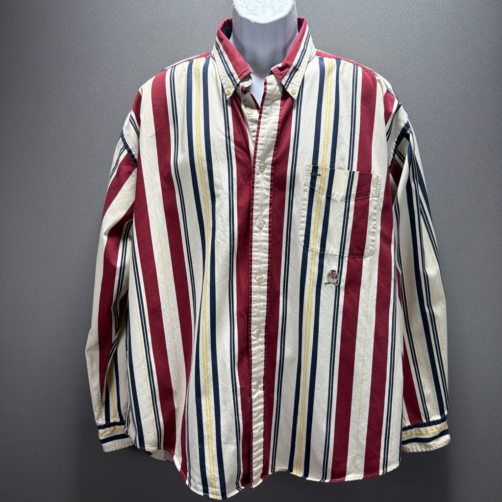 VTG 90’s Tommy Hilfiger Men's long Sleeve Button Down Stripe Shirt Crest Logo XL