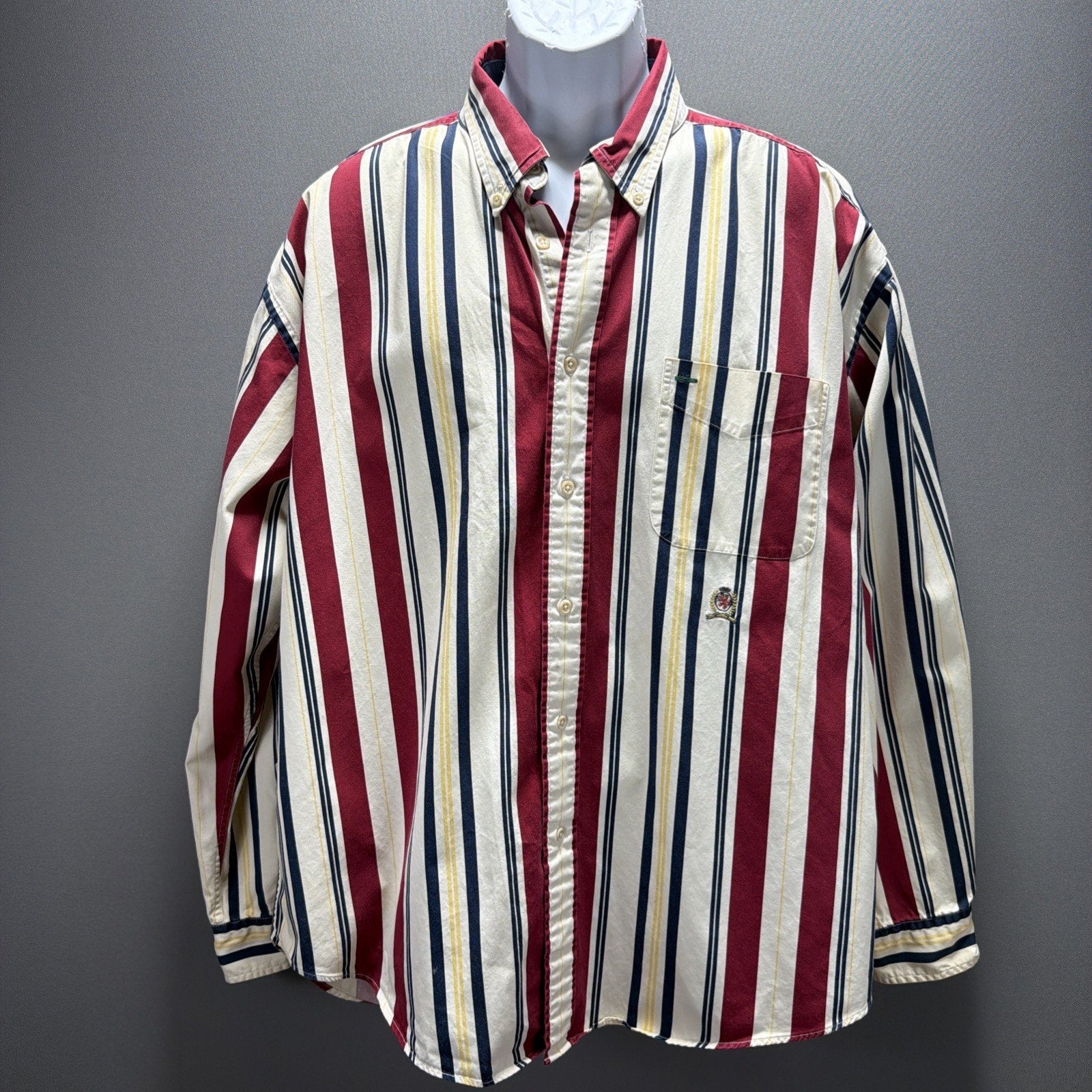VTG 90’s Tommy Hilfiger Men's long Sleeve Button Down Stripe Shirt Crest Logo XL