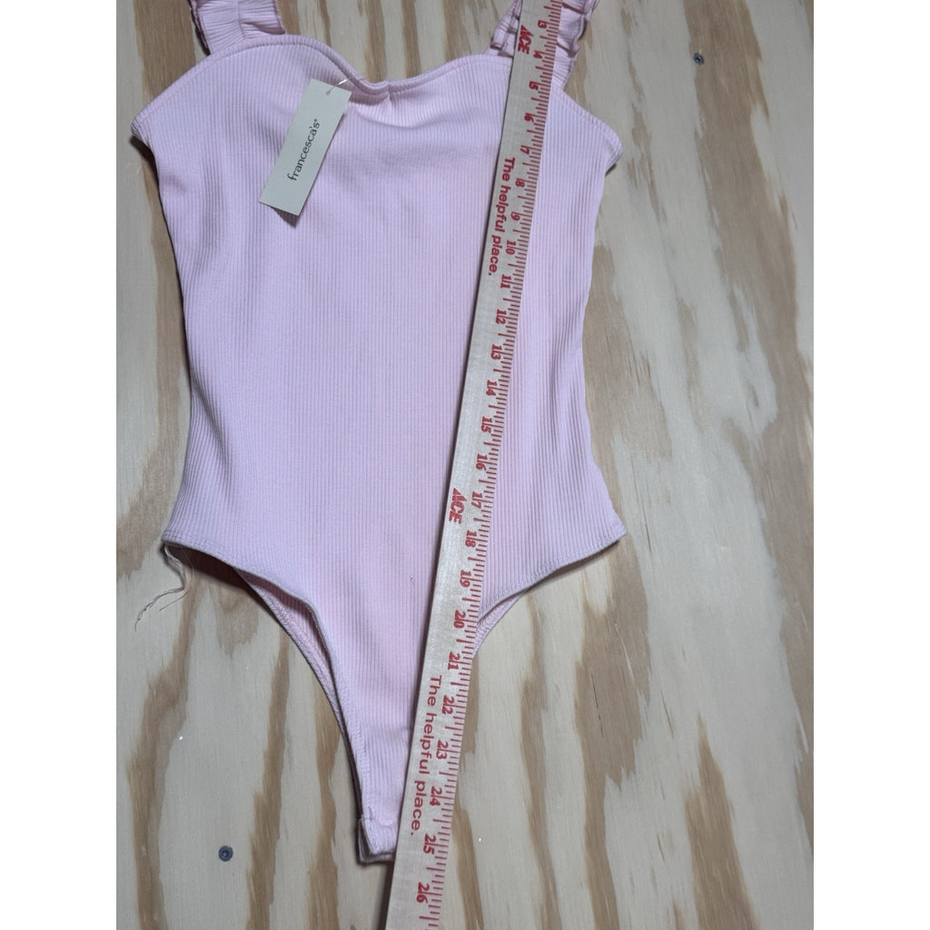 Blue Rain Pink Ribbed Ruffle Strap Bodysuit Women’s Large Sweetheart Neck NWT