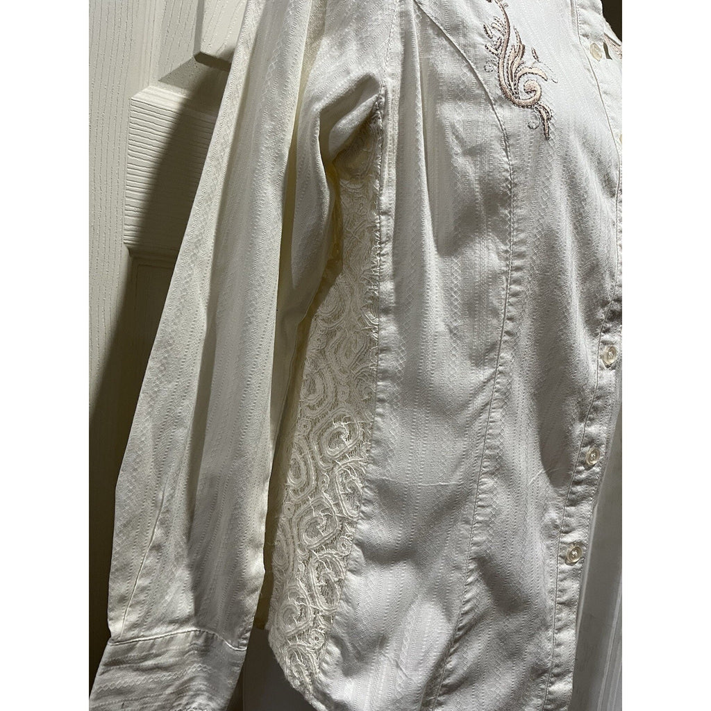 Reba Western Women’s S Beige Trucker Button Up Denim Embellished Collared