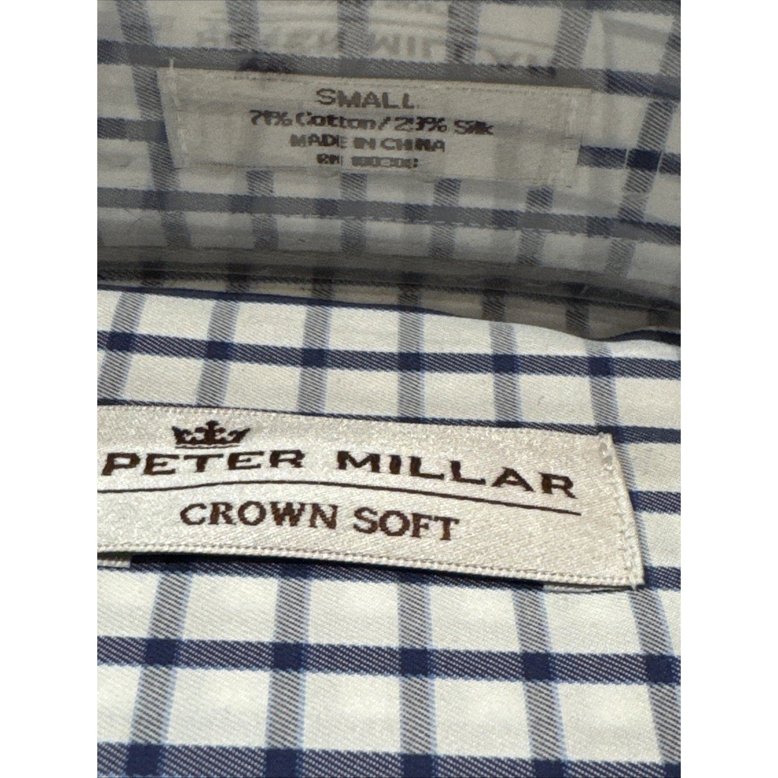 Peter Millar Crown Soft Cotton Silk White Blue Plaid Shirt Men’s Small NWT