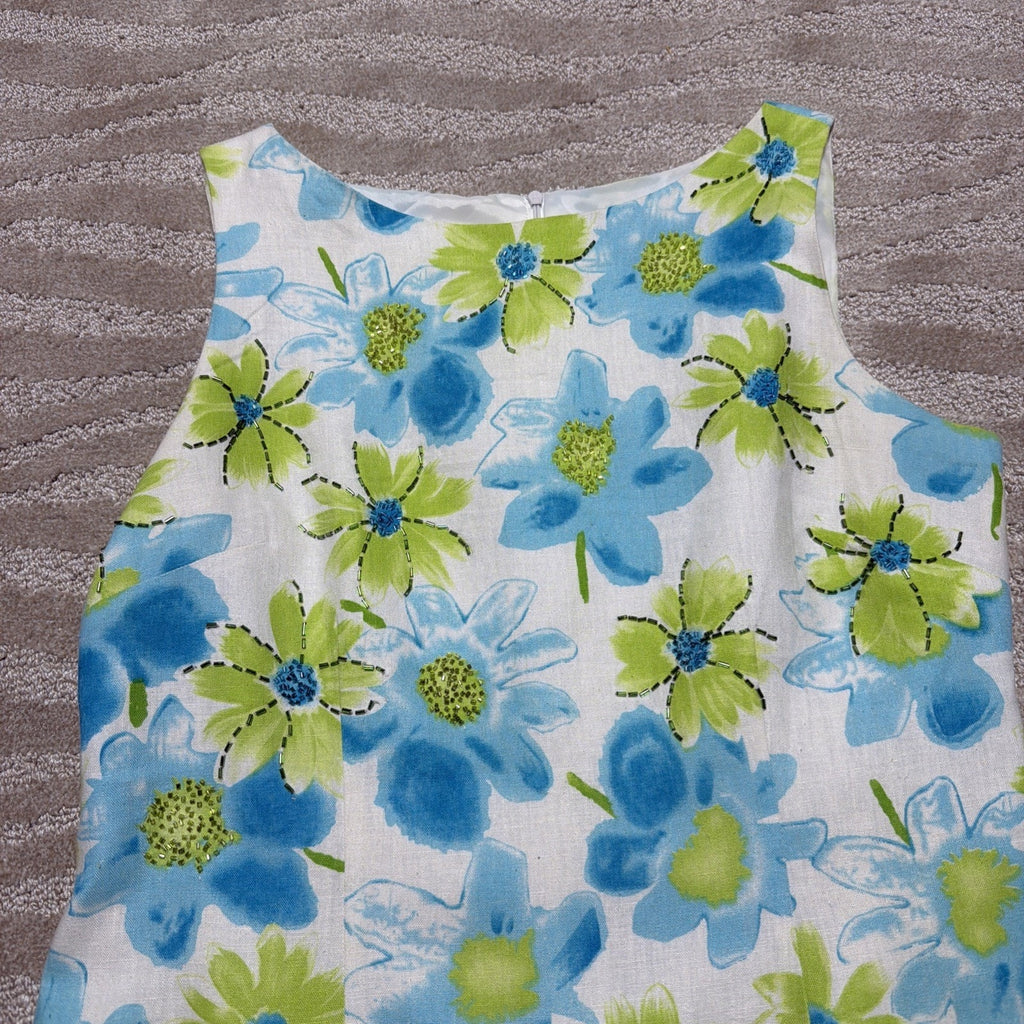 Vtg JESSICA HOWARD Linen Dress Women Sz 14 Sleeveless Shift Lined Embellished