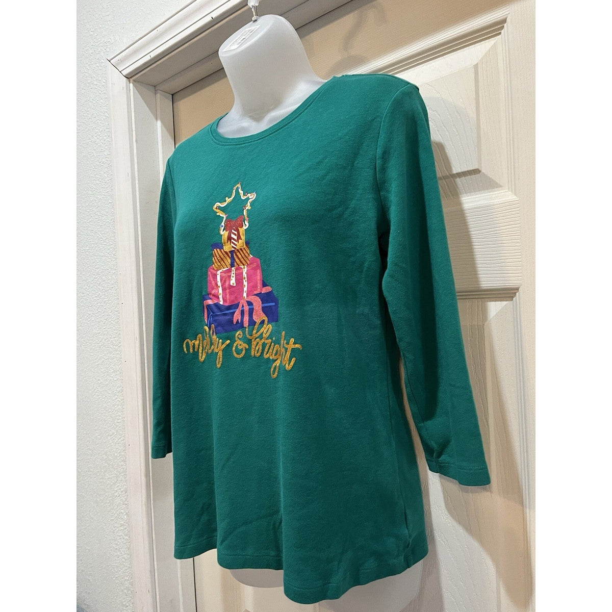 Kim Rogers Perfectly Soft Christmas 3/4 Sleeve Green Size S 3/4 Holiday Casual