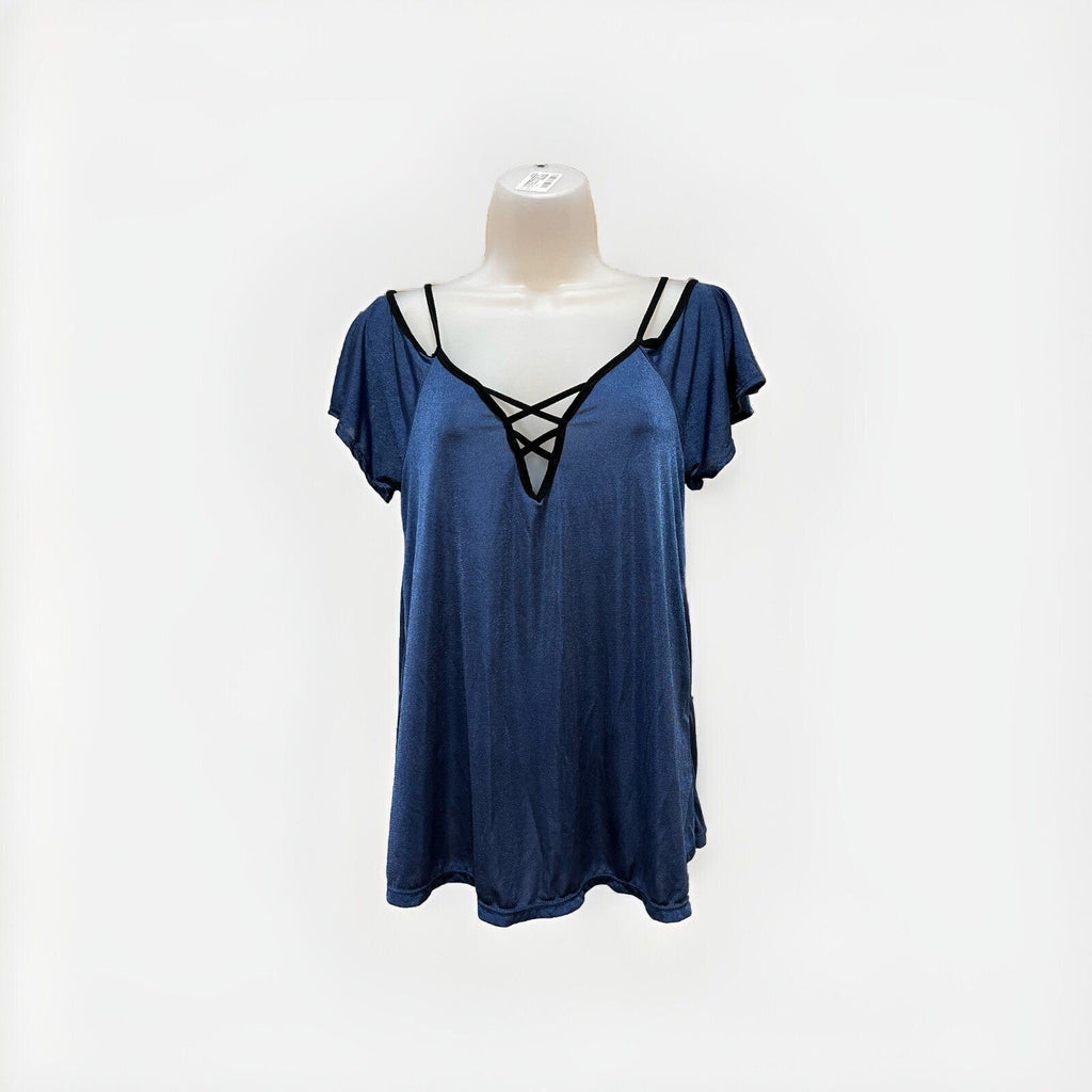 Mine Strappy Blue V Neck Short Sleeve Top Cold Shoulder Women's Size Small