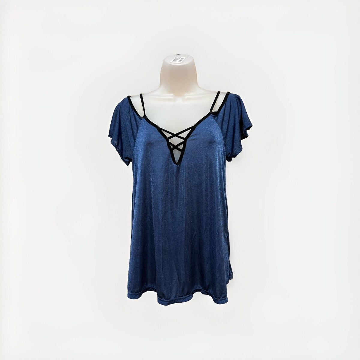 Mine Strappy Blue V Neck Short Sleeve Top Cold Shoulder Women's Size Small