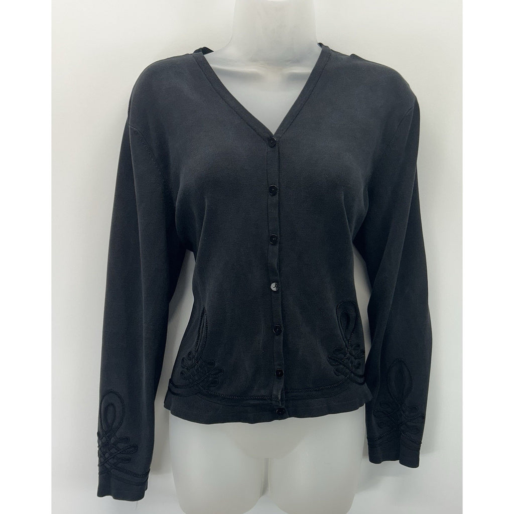 Women's TALBOTS Black 78% Silk Embroidered Long Sleeve Blouse Size Large.