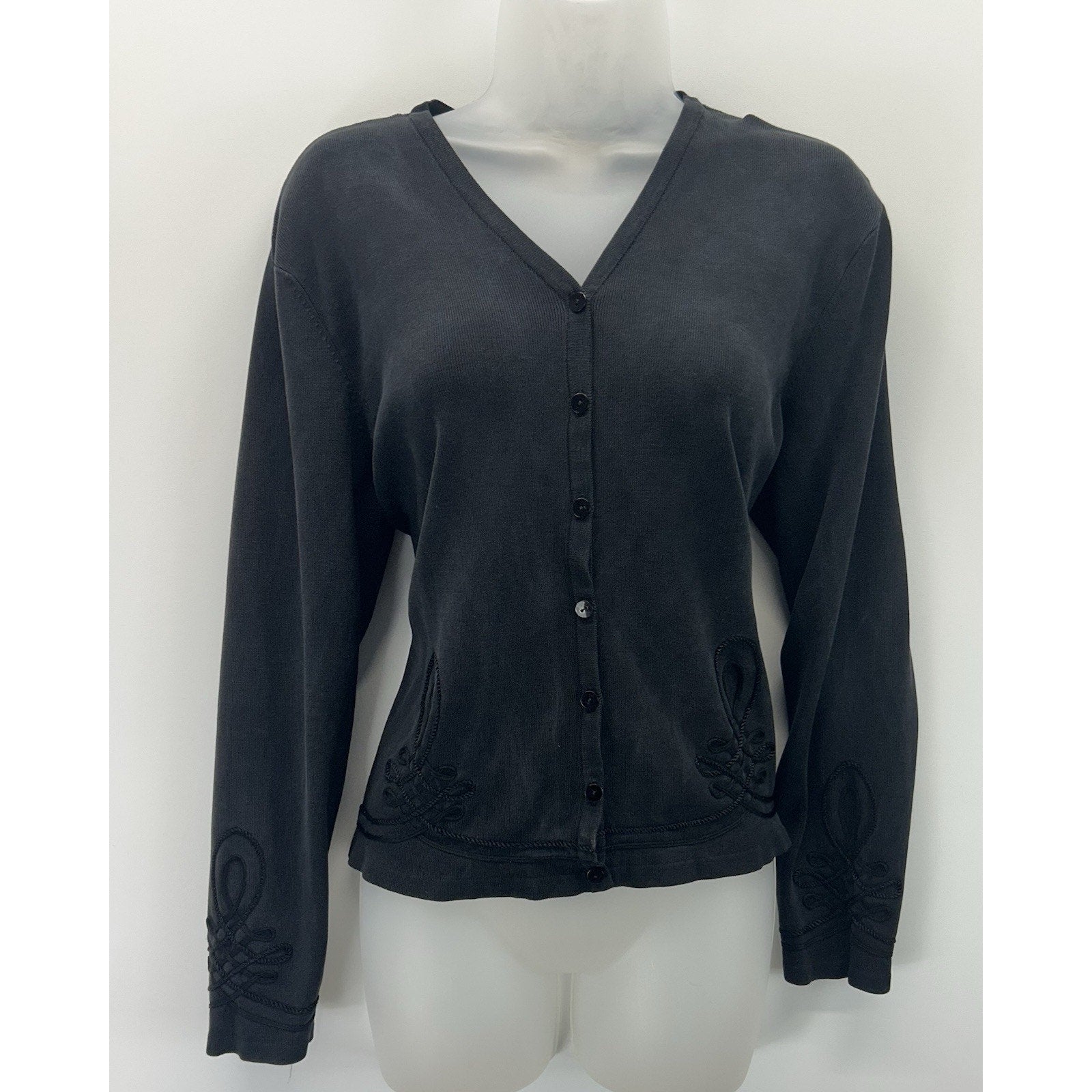 Women's TALBOTS Black 78% Silk Embroidered Long Sleeve Blouse Size Large.