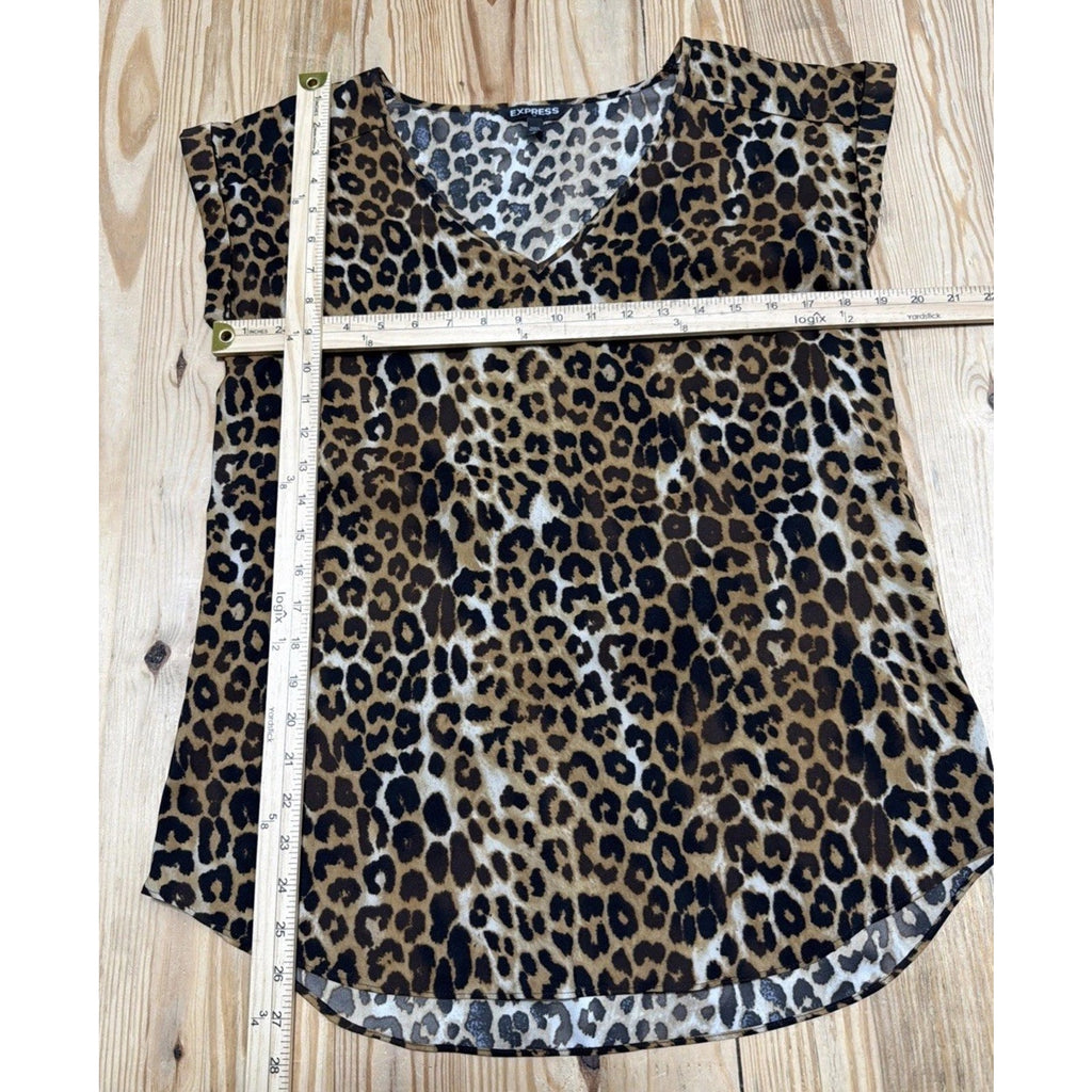 Express Shirt Women M Brown Cheetah Print Short Sleeve V Neck Blouse Stretch