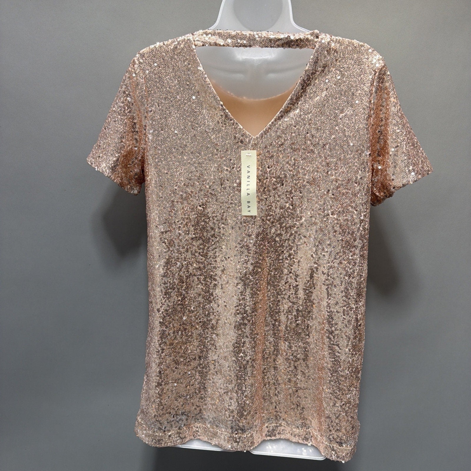 Vanilla Bay Gold Sequin Top Small Short Sleeve Tunic Style Lined NWT Festive