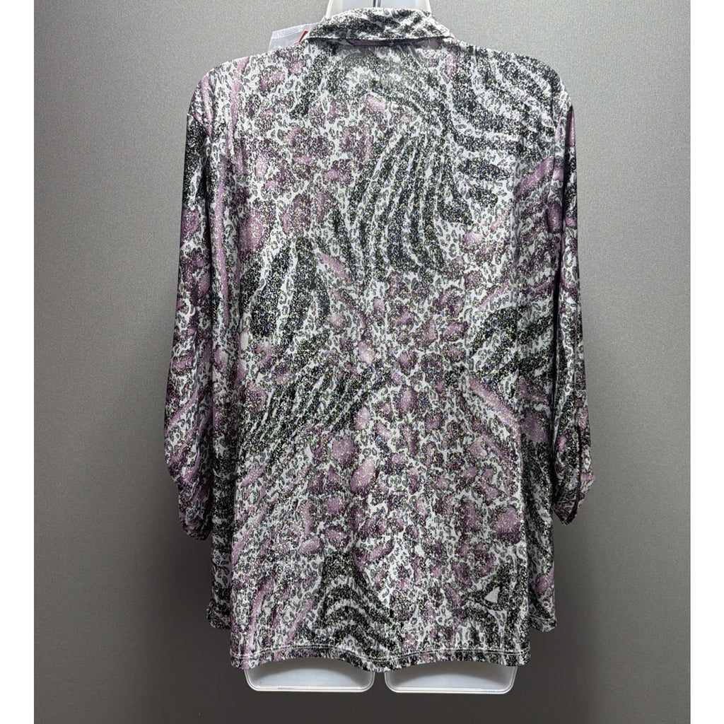NWT Emily Daniels Beautiful Purple Black Silver Metallic Blouse- Size XL