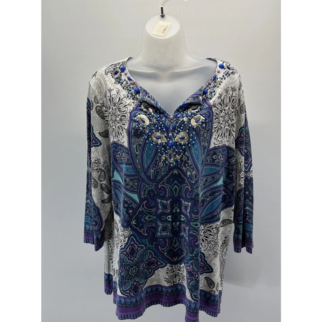 CHICO'S GRAND STATEMENT EMBELLISHED 3/4 SLEEVE TUNIC TOP MULTI COLOR Size 3