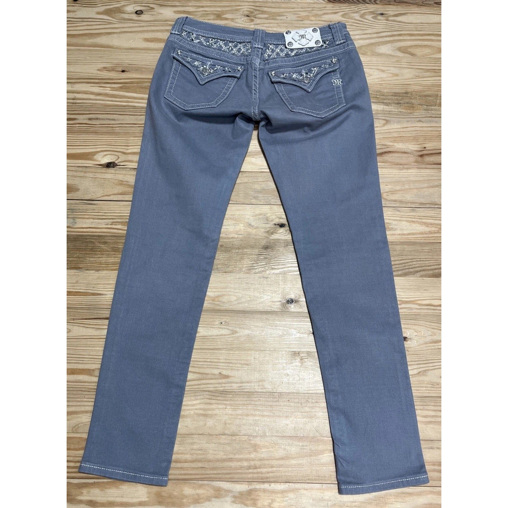 MISS ME Denim Women's Embroidery Rhinestones Low Rise Skinny Gray Jeans 30