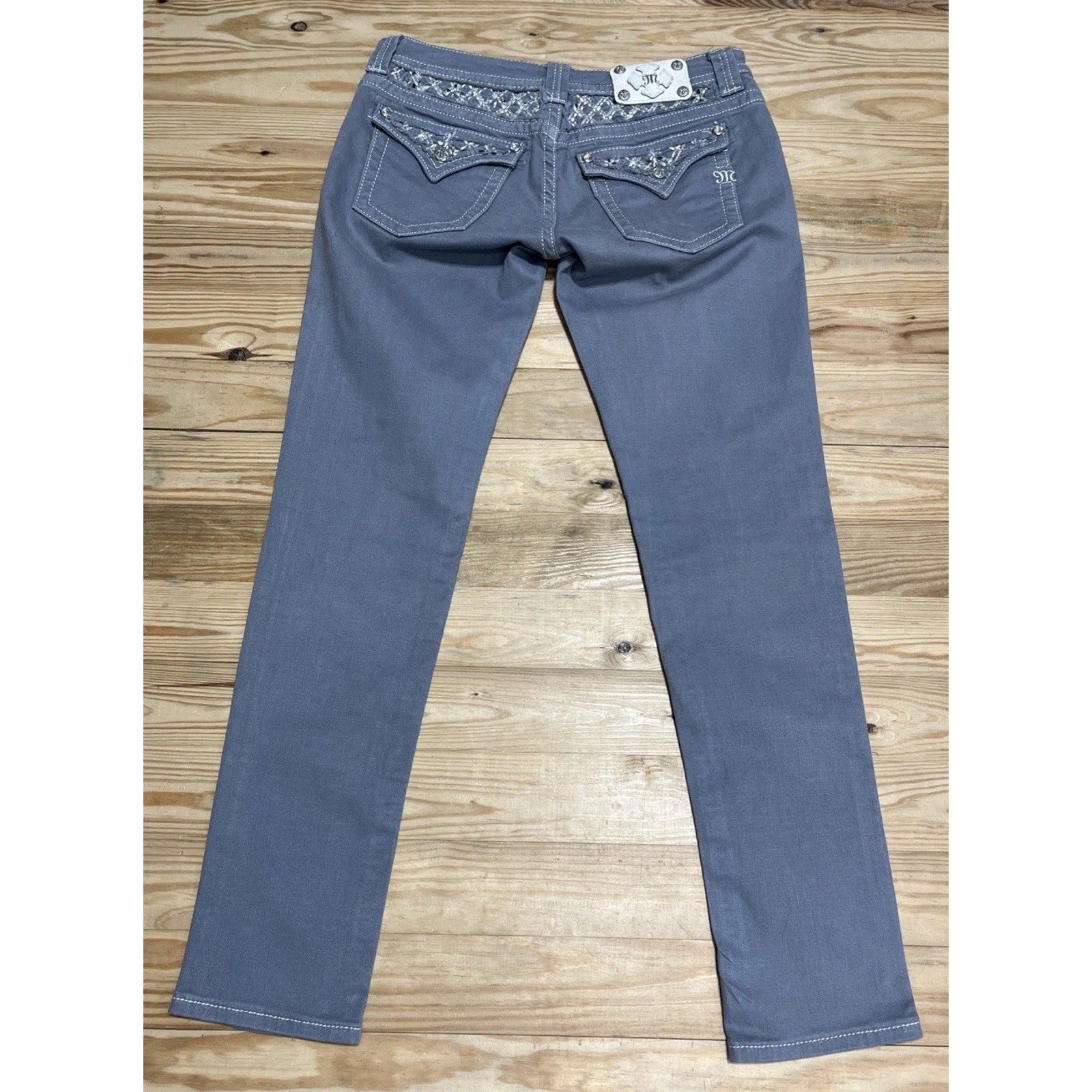 MISS ME Denim Women's Embroidery Rhinestones Low Rise Skinny Gray Jeans 30