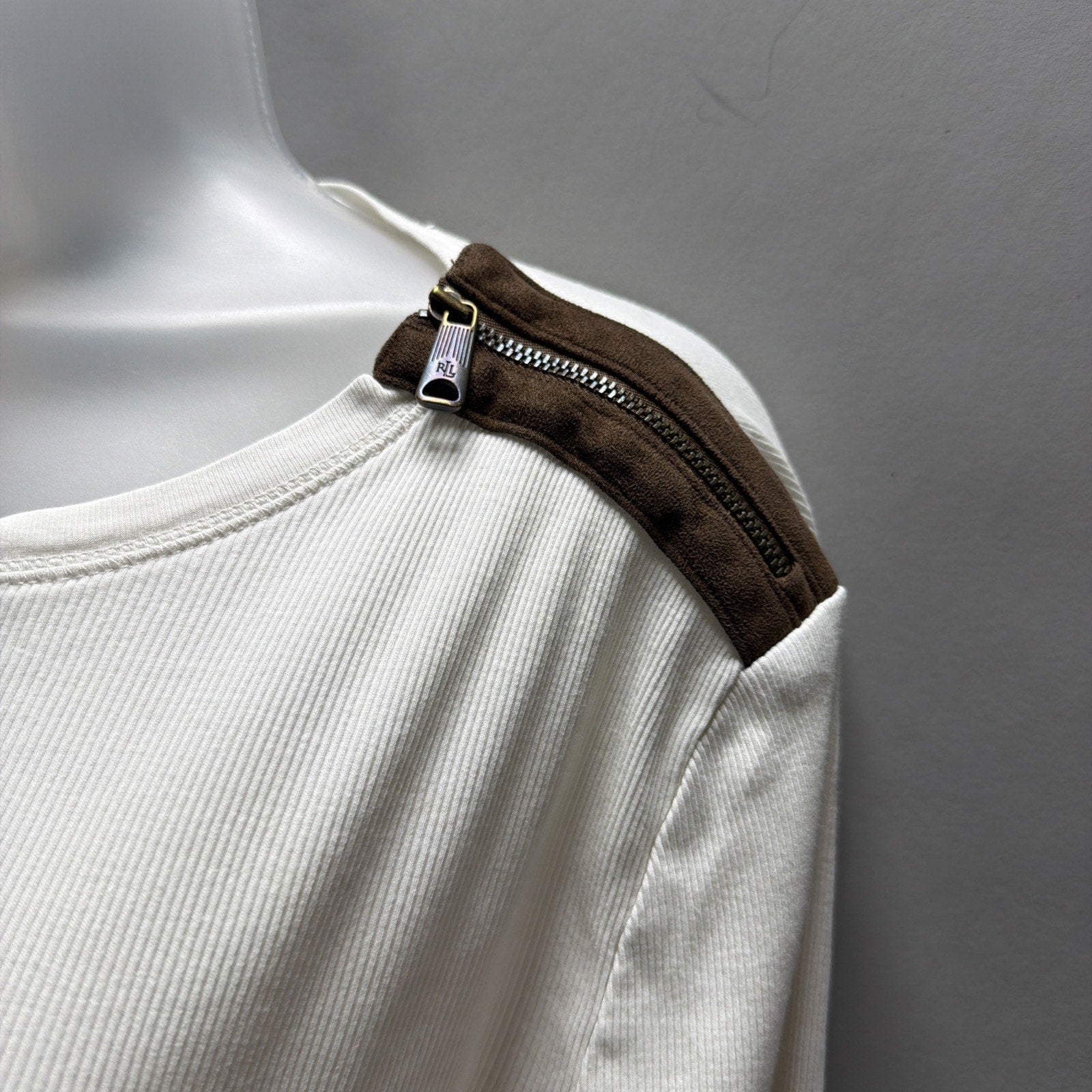 LRL Lauren Jeans Co. Ribbed Top Womens XL Ivory Suede Elbow Patches Y2K Vtg
