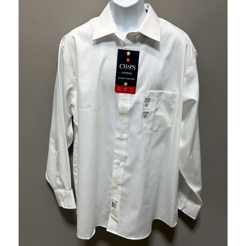 New Chaps Performance Ultimate Non Iron LS Men's Dress Shirt White 18 34-35 2XL