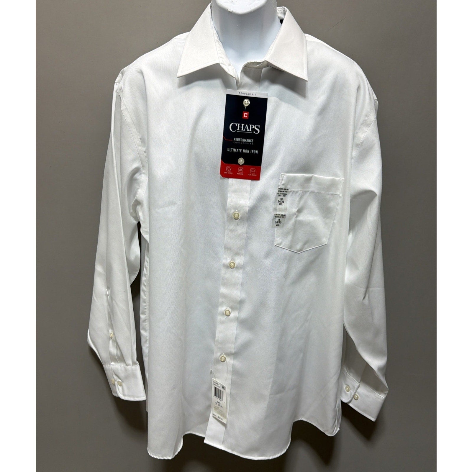 New Chaps Performance Ultimate Non Iron LS Men's Dress Shirt White 18 34-35 2XL