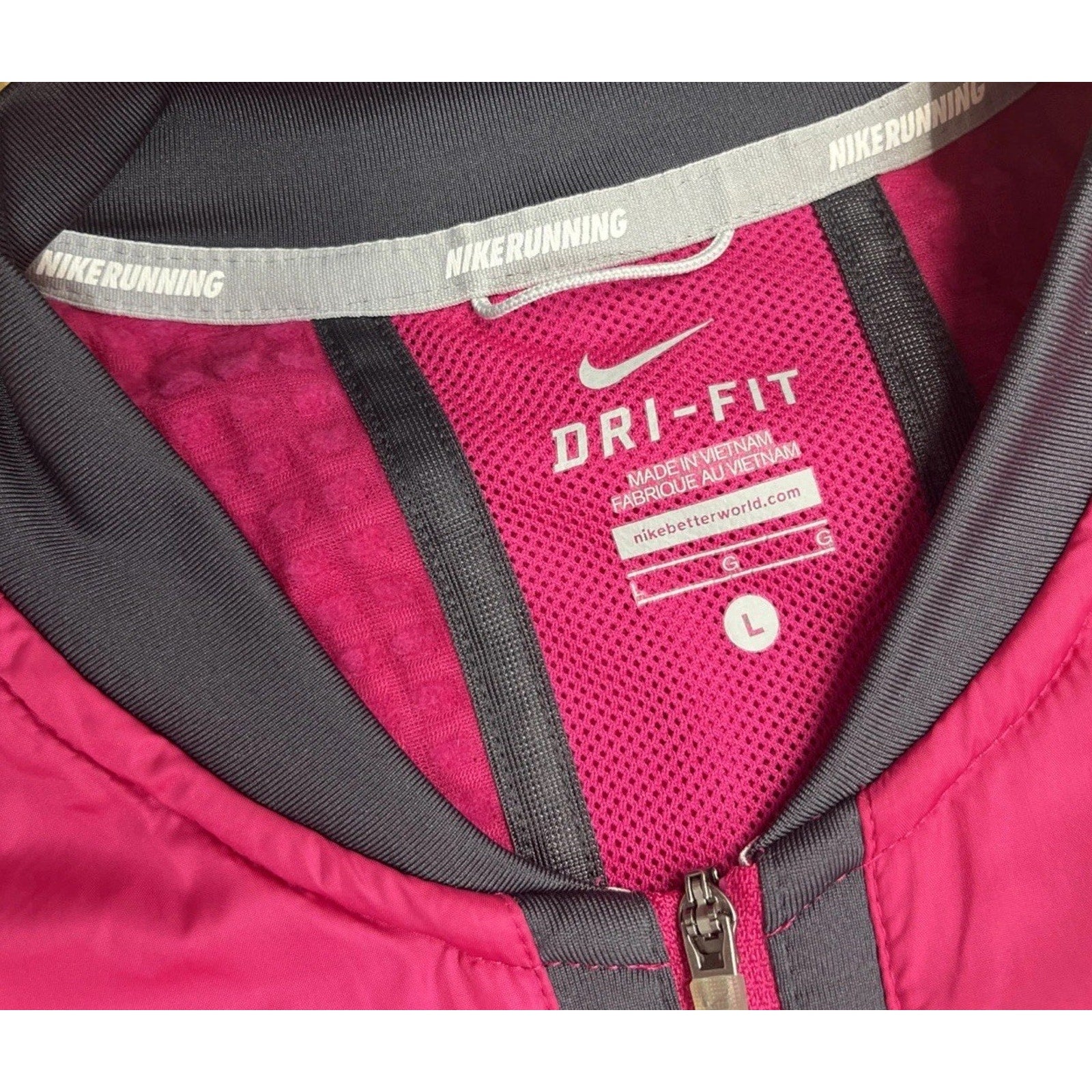Nike Dri-FIT Womens L Pink Running Jacket Full Zip Reflective Lightweight 520336