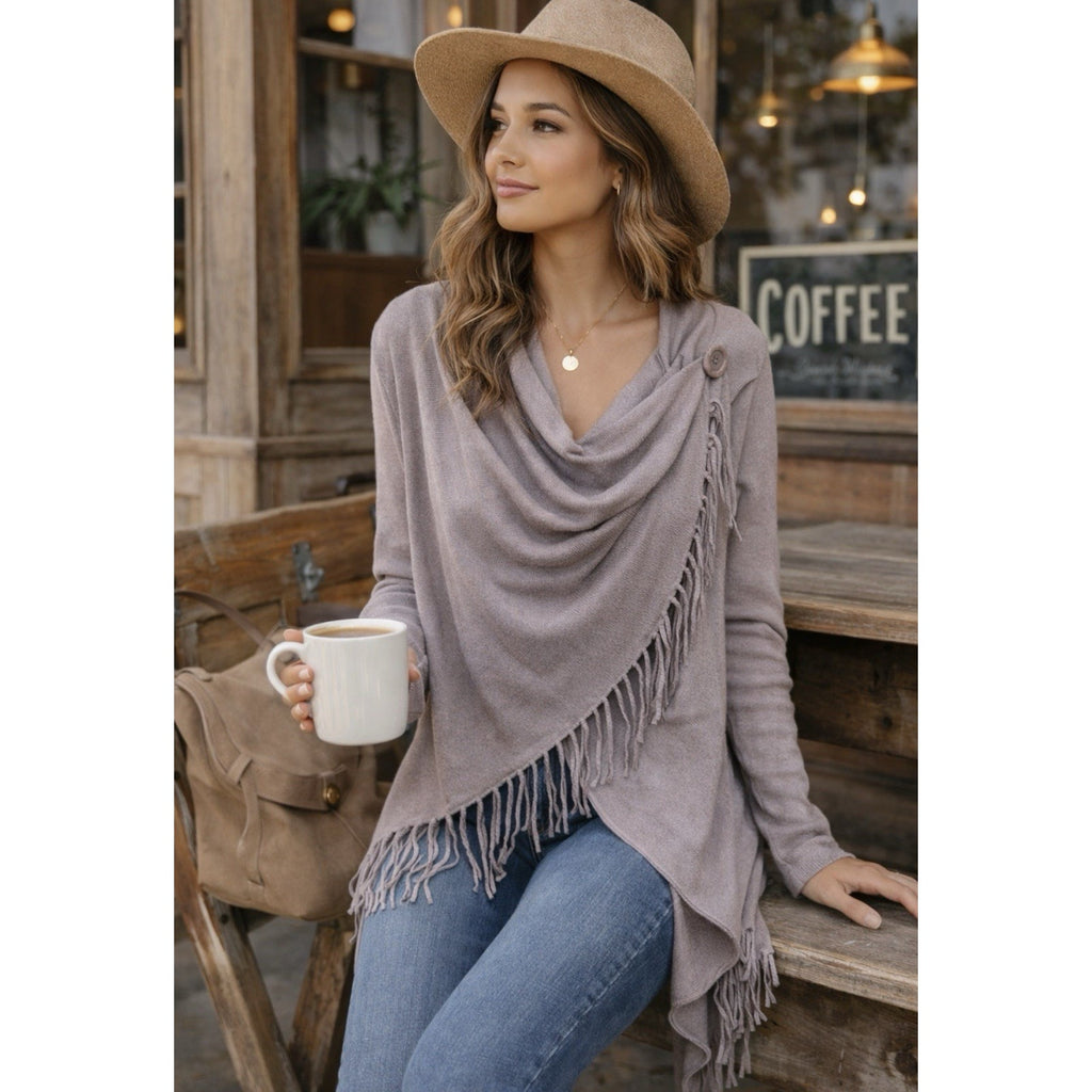 Lovestitch Fringe Shawl Cardigan L Boho Wrap Asymmetrical Cowl Cozy Sweater New
