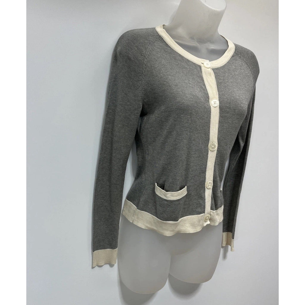 Talbots Silk Blend Woman Gray Ivory Button-Up Cardigan Sweater Sz Petite