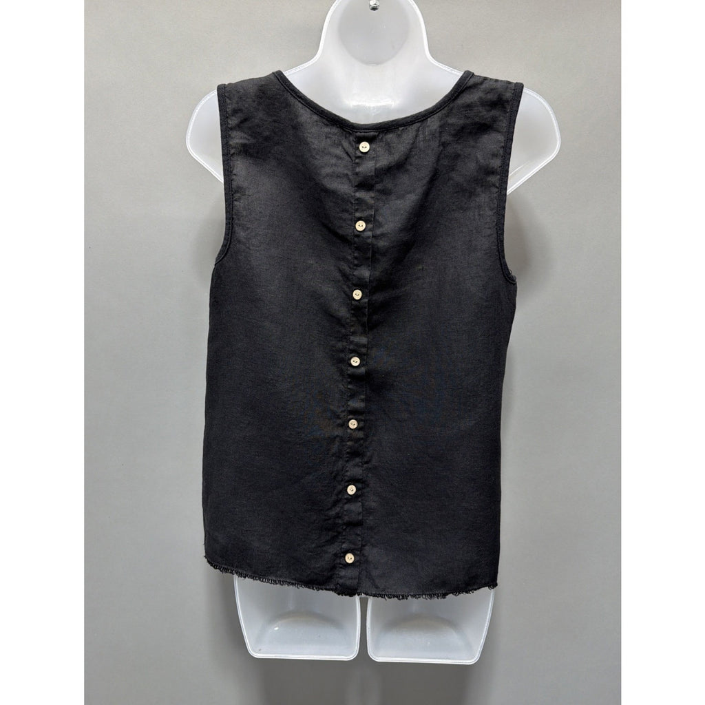 XCVI Black 100% Linen Blouse Tank Top Woman’s Size Raw Hem Back Button Detail