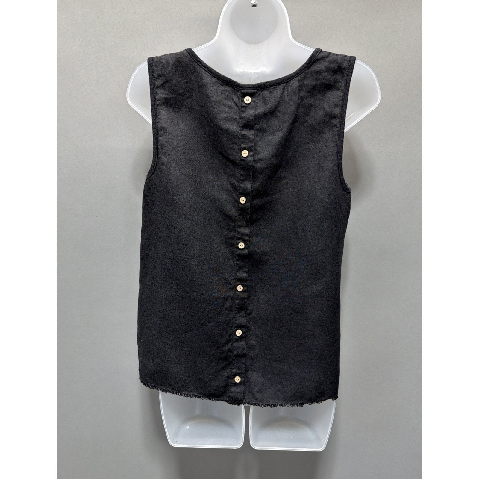 XCVI Black 100% Linen Blouse Tank Top Woman’s Size Raw Hem Back Button Detail