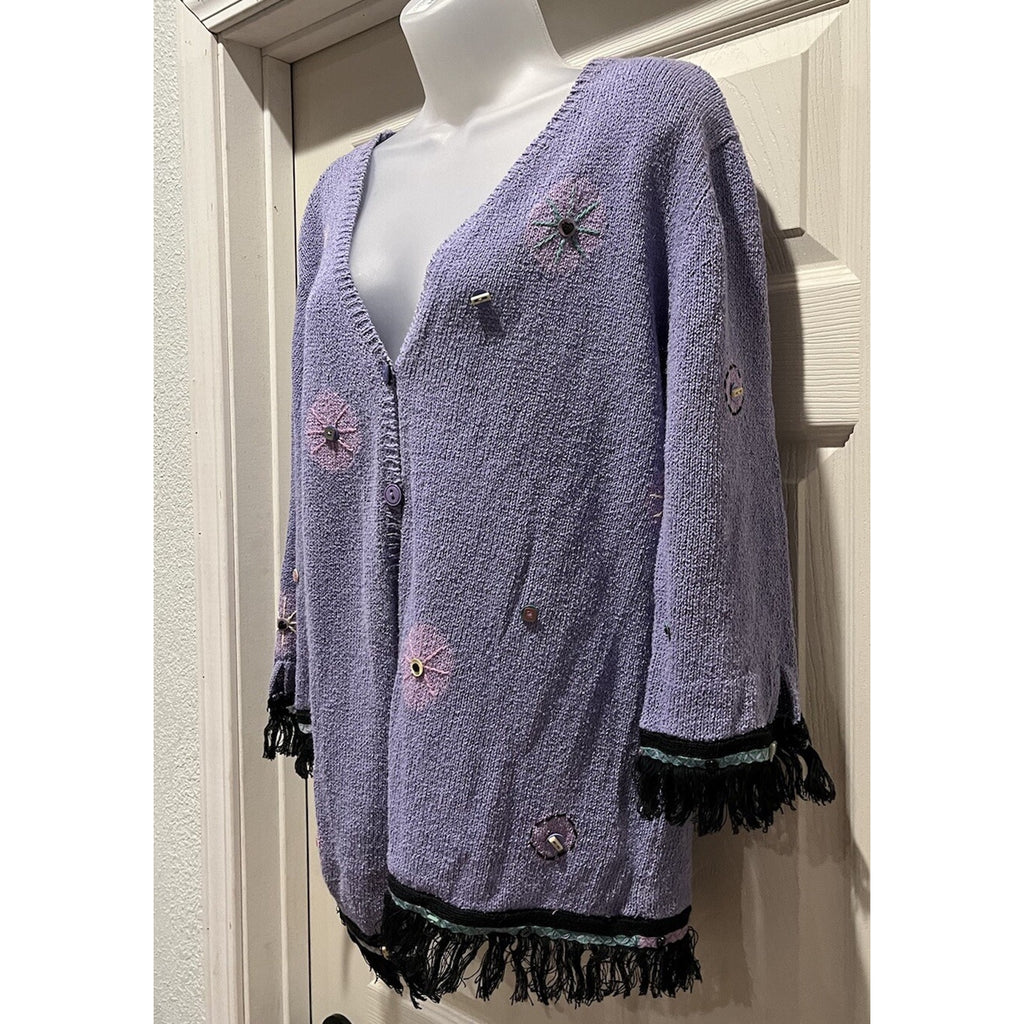 Ann Trinity Women's Embroidery Beaded Cardigan Sweater XL Purple Blue Floral