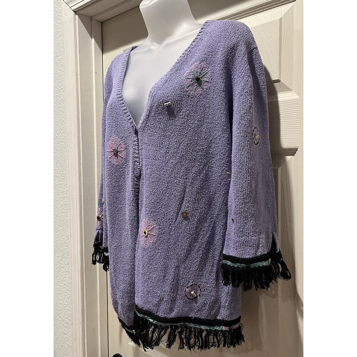 Ann Trinity Women's Embroidery Beaded Cardigan Sweater XL Purple Blue Floral