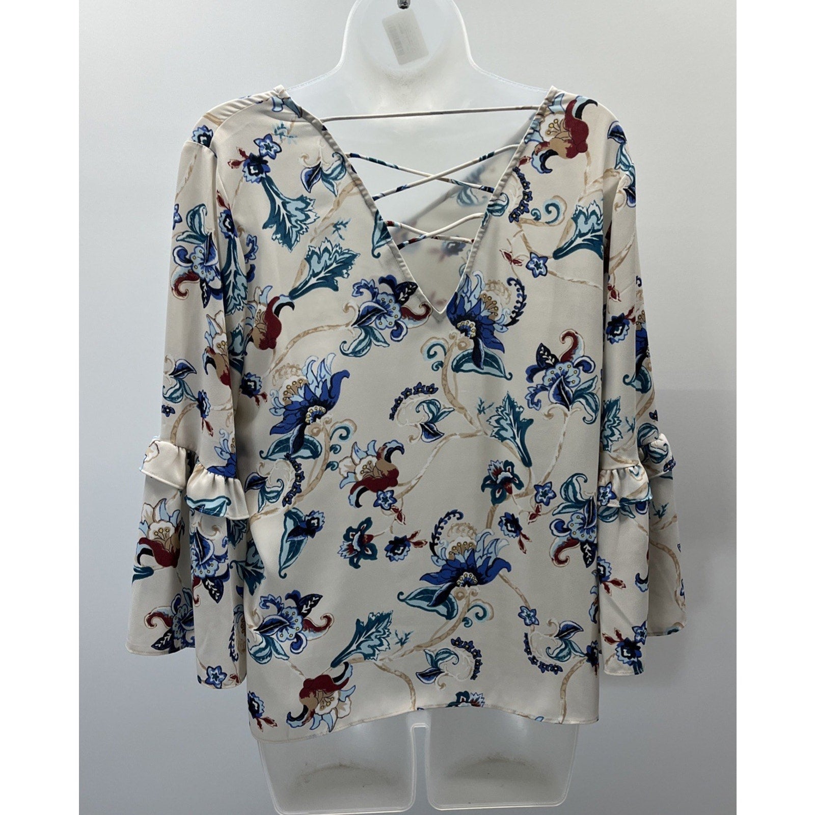 White House Black Market blouse floral print bell sleeves V-neckline Sz M