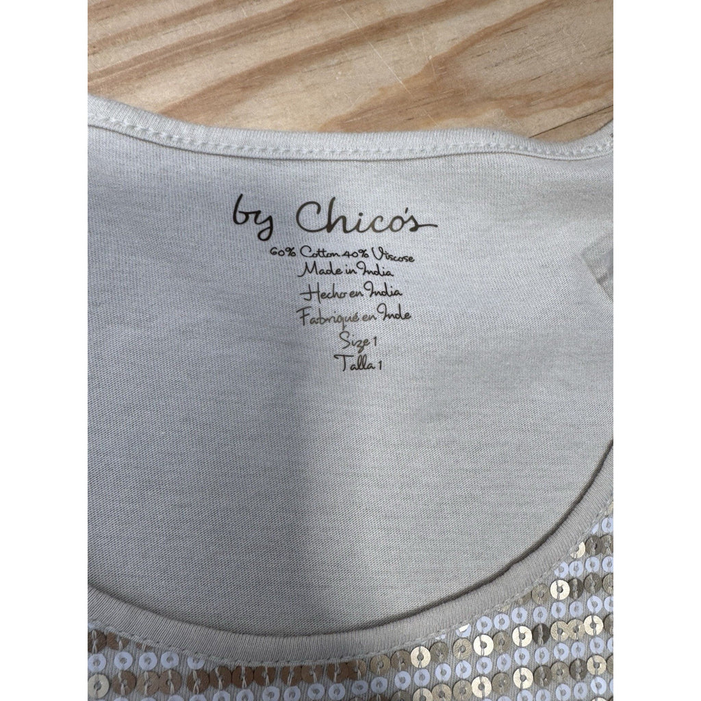 Chico's Top Beige Sequined Cap Sleeve Stretch Knit Top Pullover Women’s 1/M