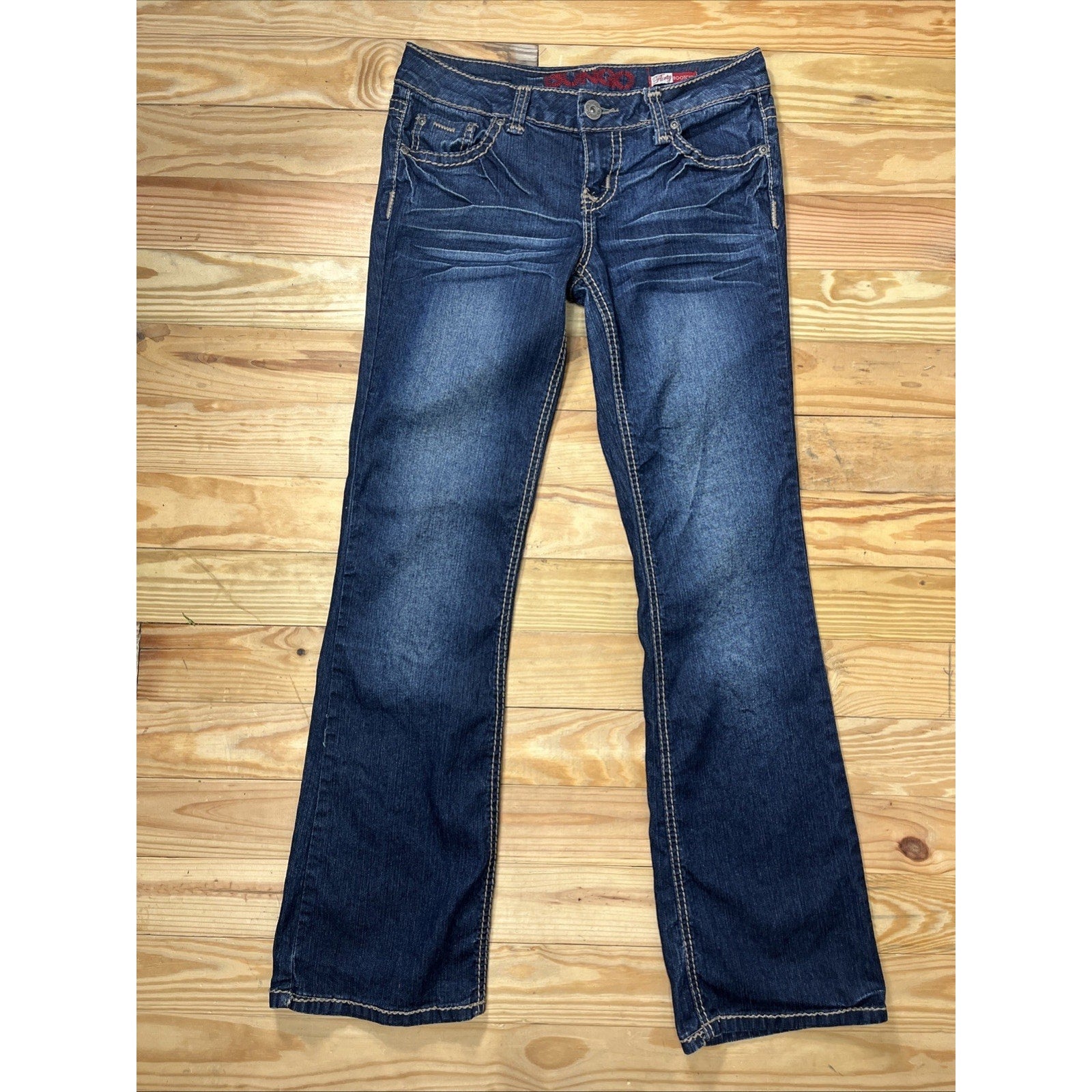 Bongo Jeans Women's 9 Flirty Bootcut Leg Stretch Whiskering Crinkle Wrinkle Dark