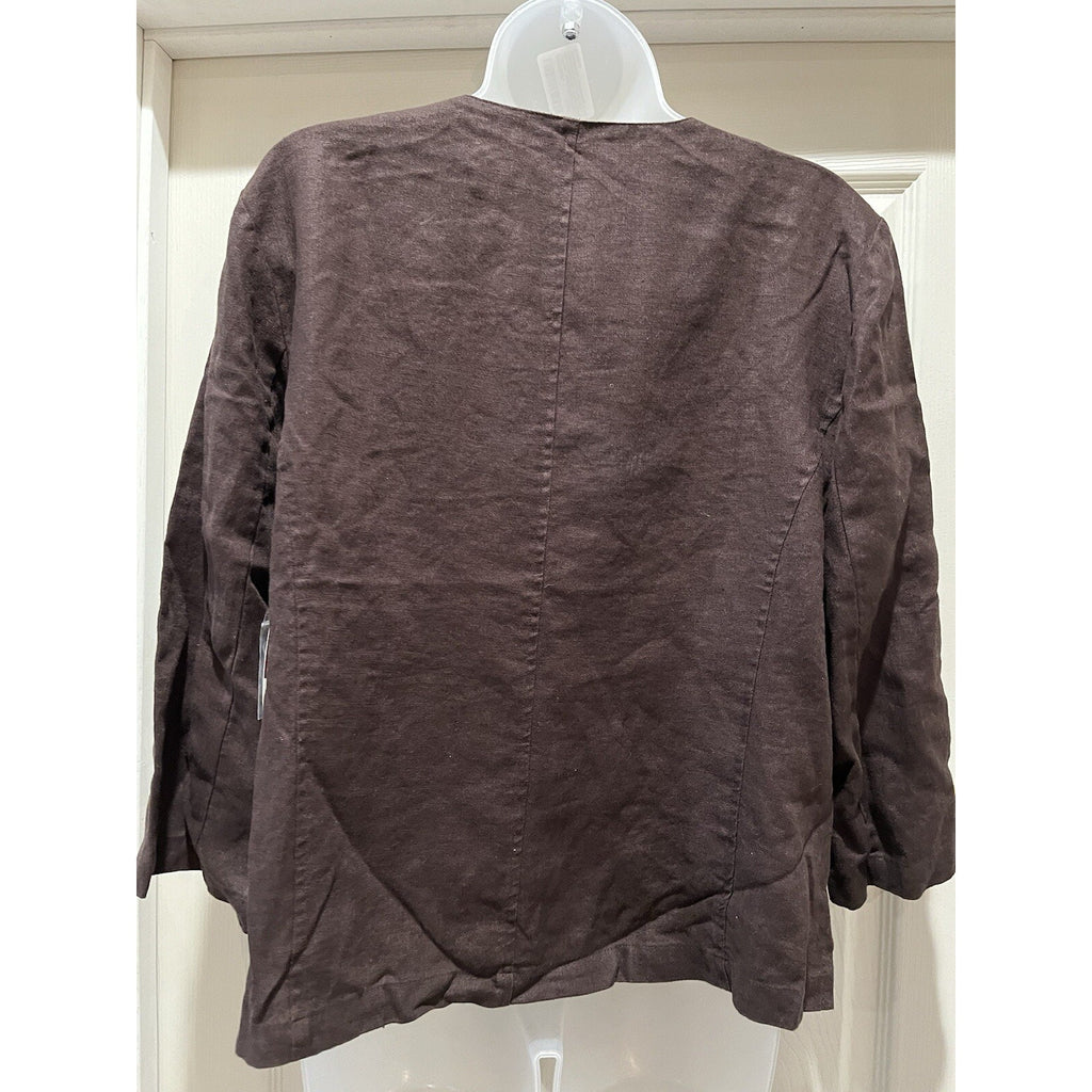 JM Collection 14P 100% Linen Chocolate Brown Collarless Button Front Jacket NWT