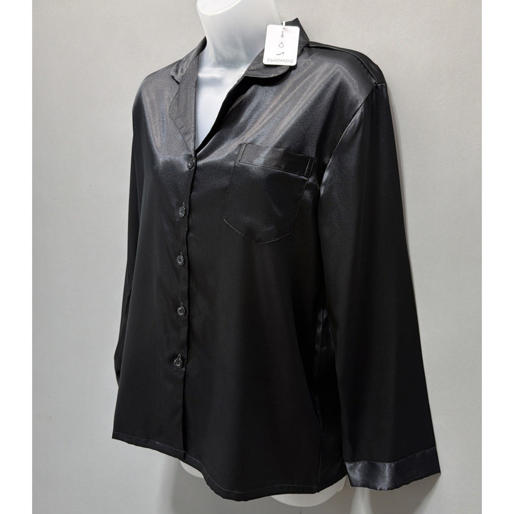 SWOMOG Womens Pajamas Top Silky Satin Sleepwear Long Sleeve Small Black