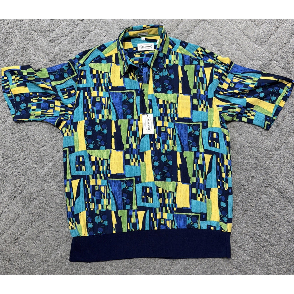 Massoti Italy Shirt Men L Short Sleeve 1/4 Button Abstract Golf Beach Luxury NWT