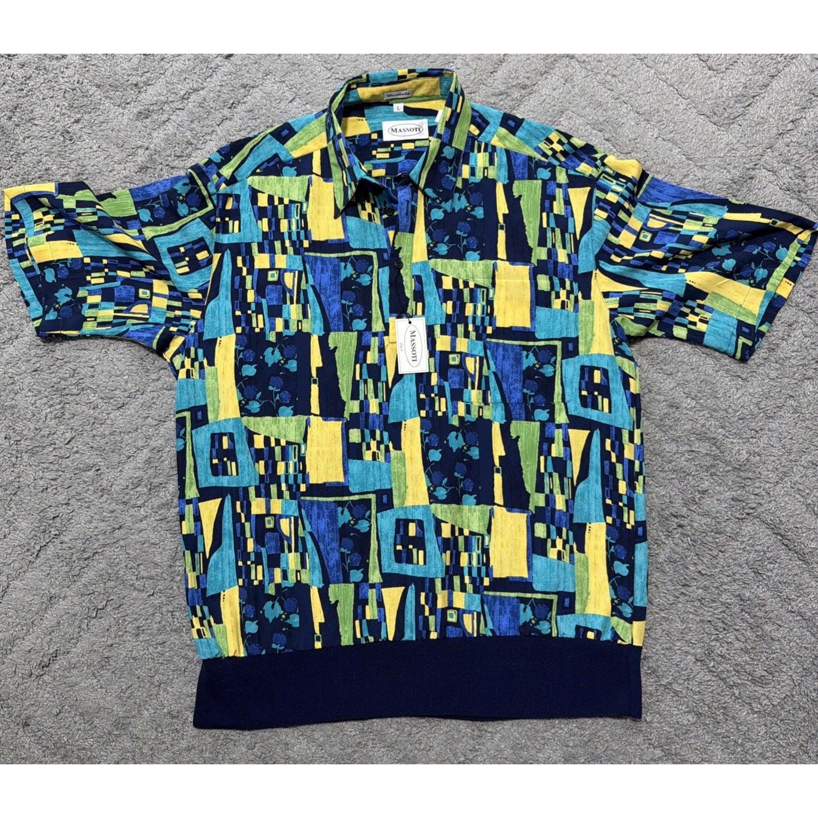 Massoti Italy Shirt Men L Short Sleeve 1/4 Button Abstract Golf Beach Luxury NWT