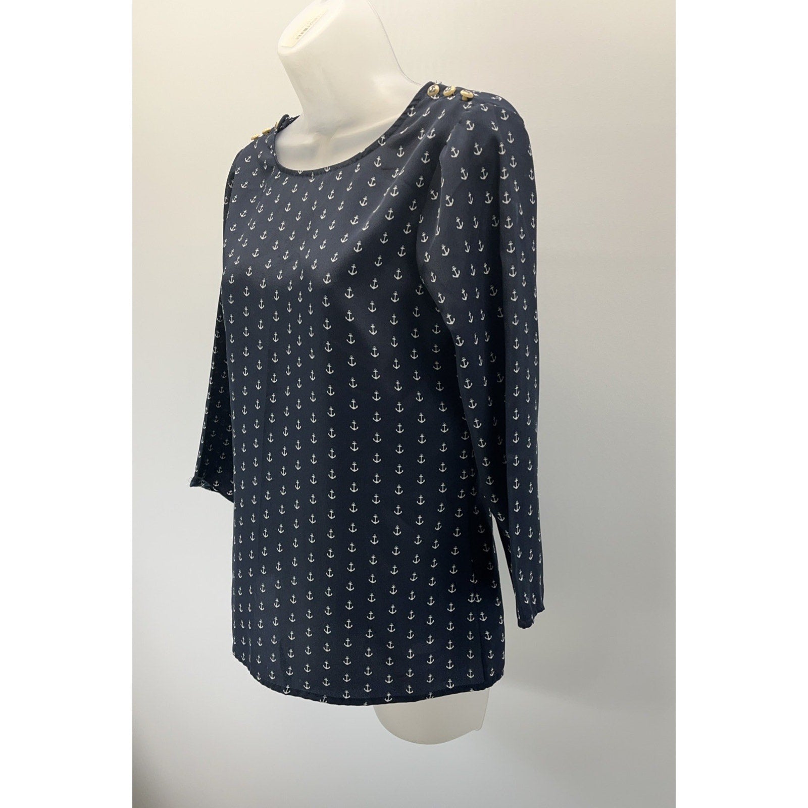 J. Crew Navy Blue White Nautical Anchor Print Blouse Top XS