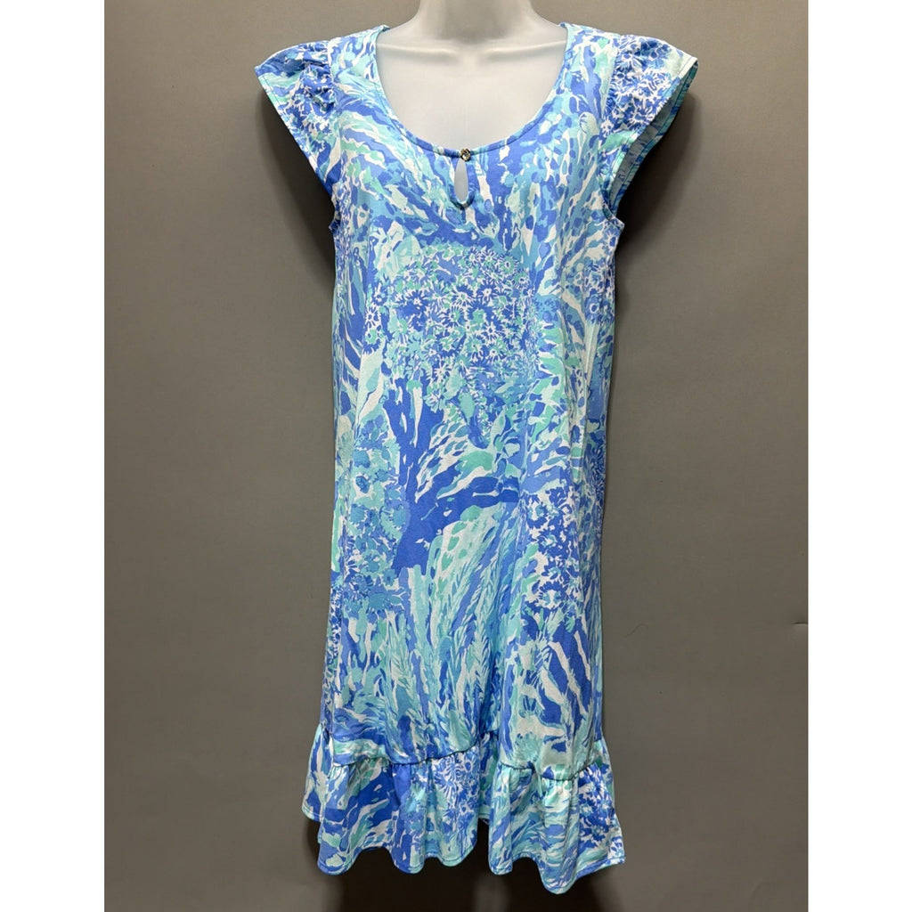 Lilly Pulitzer Regina Dress Ruffle Sleeve Keyhole Blue Haven Floral Size S