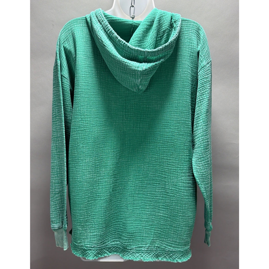 Zenana Washed Gauze Button Pullover Hoodie Green Sz Small