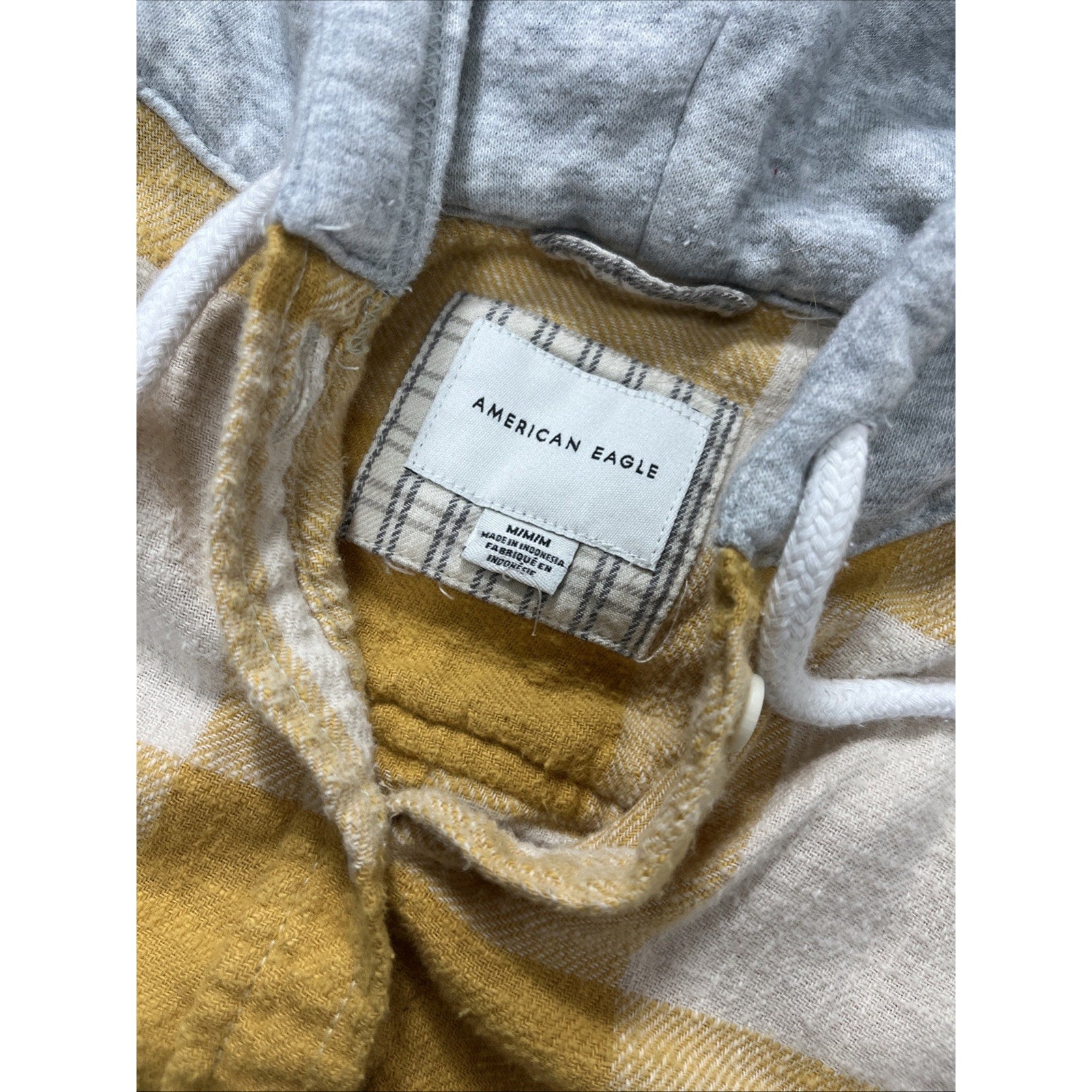 American Eagle Flannel Shirt Yellow Ivory Hooded Button Up Long Sleeve Size M