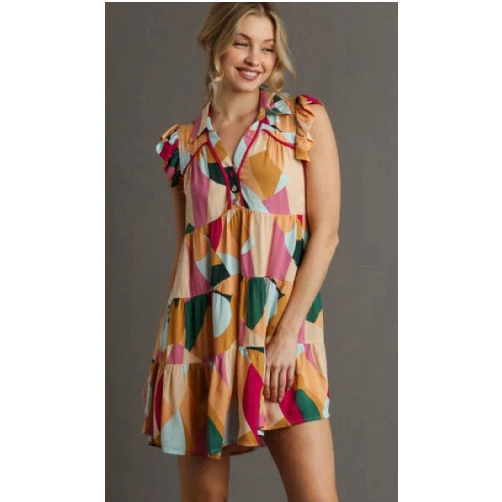 UMGEE FULL SIZE BUTTON DETAIL RUFFLE SLEEVE MINI DRESS Orange Multi Women’s Med