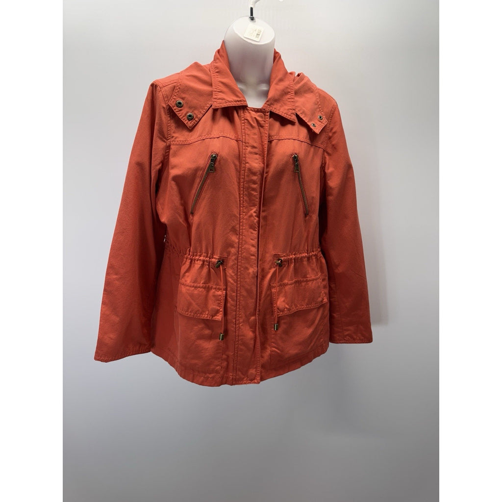 Liz & Co Orange Cinch Waist Hooded Lightweight Jacket Size Petite L