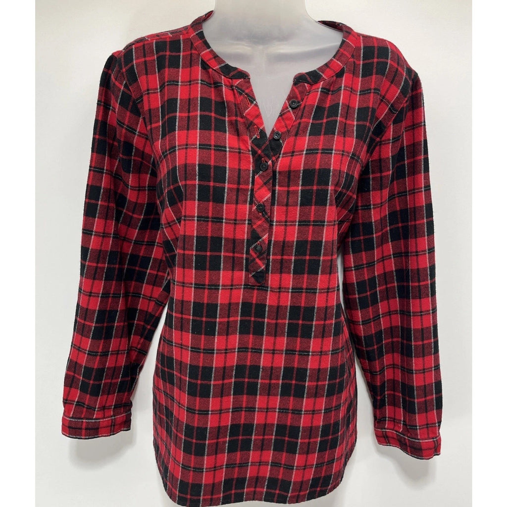 Talbots Button Plaid Classic Cotton band collar, Red/Black Size XL Petite