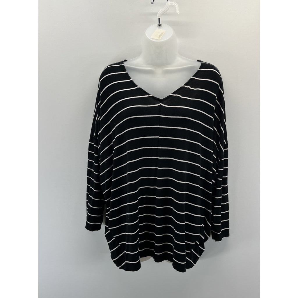 Chicos Black With White Stripe V Neck Relaxed Top Size 3 (XL) 3/4 Sleeves