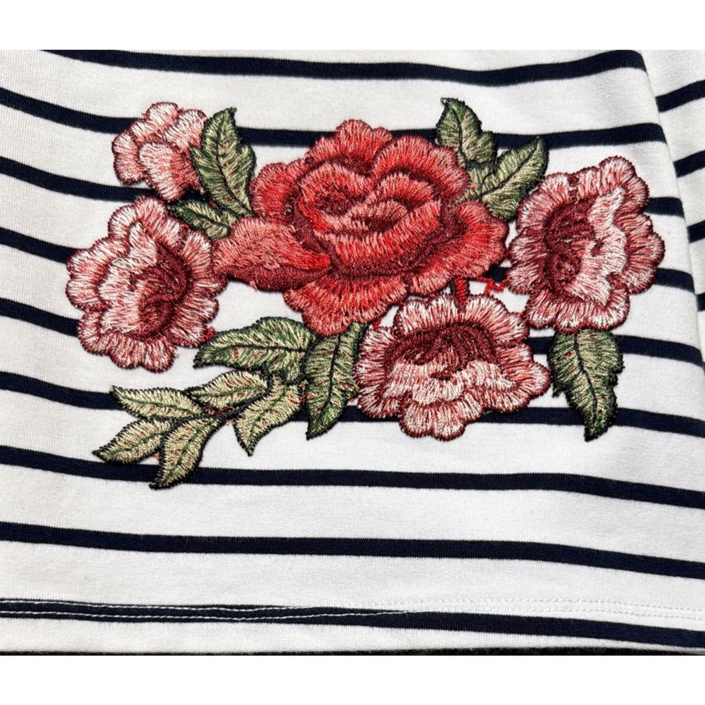 Women's Fever White&Navy Striped Rose Embroidered French Terry Shirt 2X New