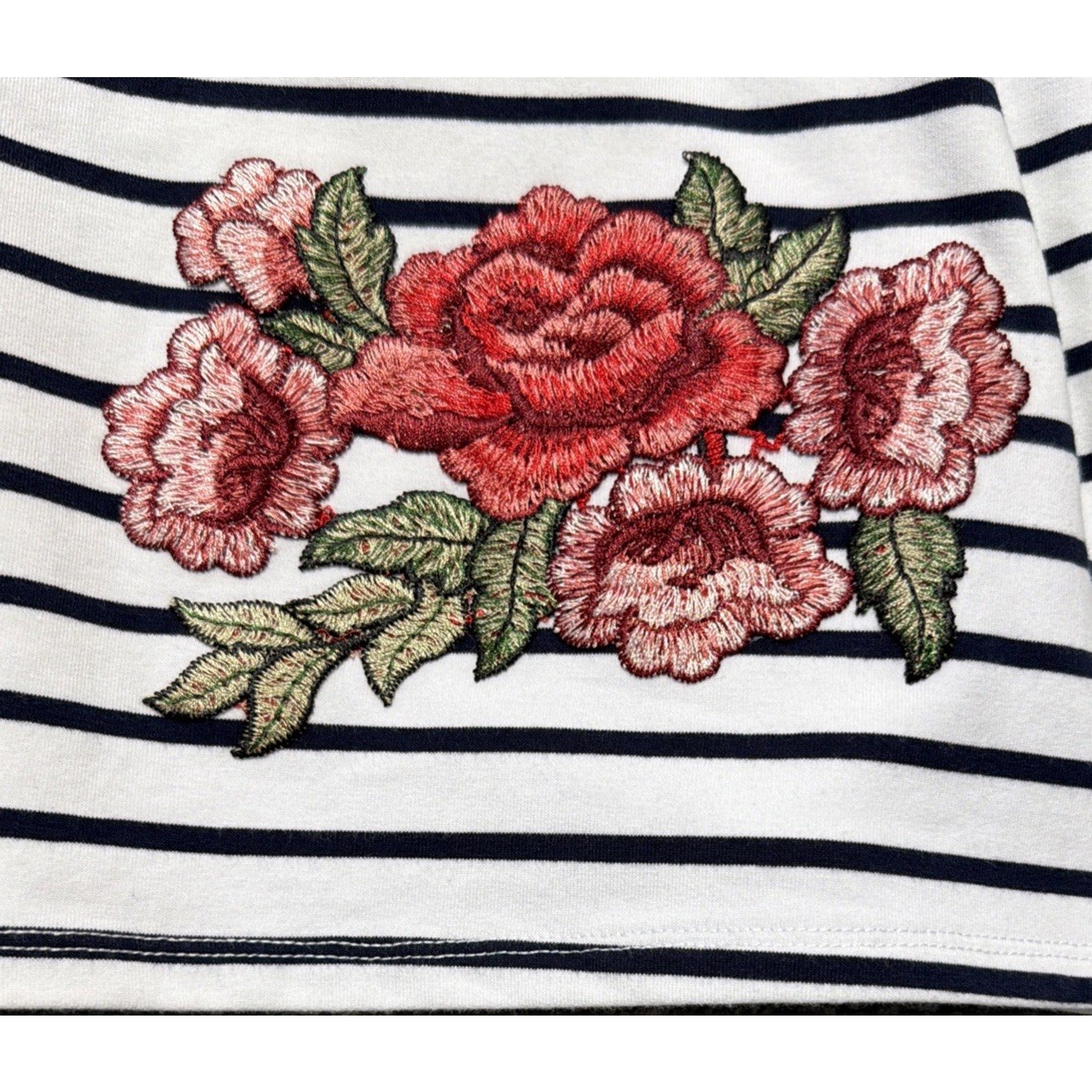 Women's Fever White&Navy Striped Rose Embroidered French Terry Shirt 2X New