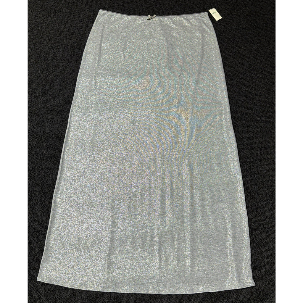 NWT Aerie Womens L Shimmer Maxi Skirt Silver Glitter Ribbon Detail Stretch New