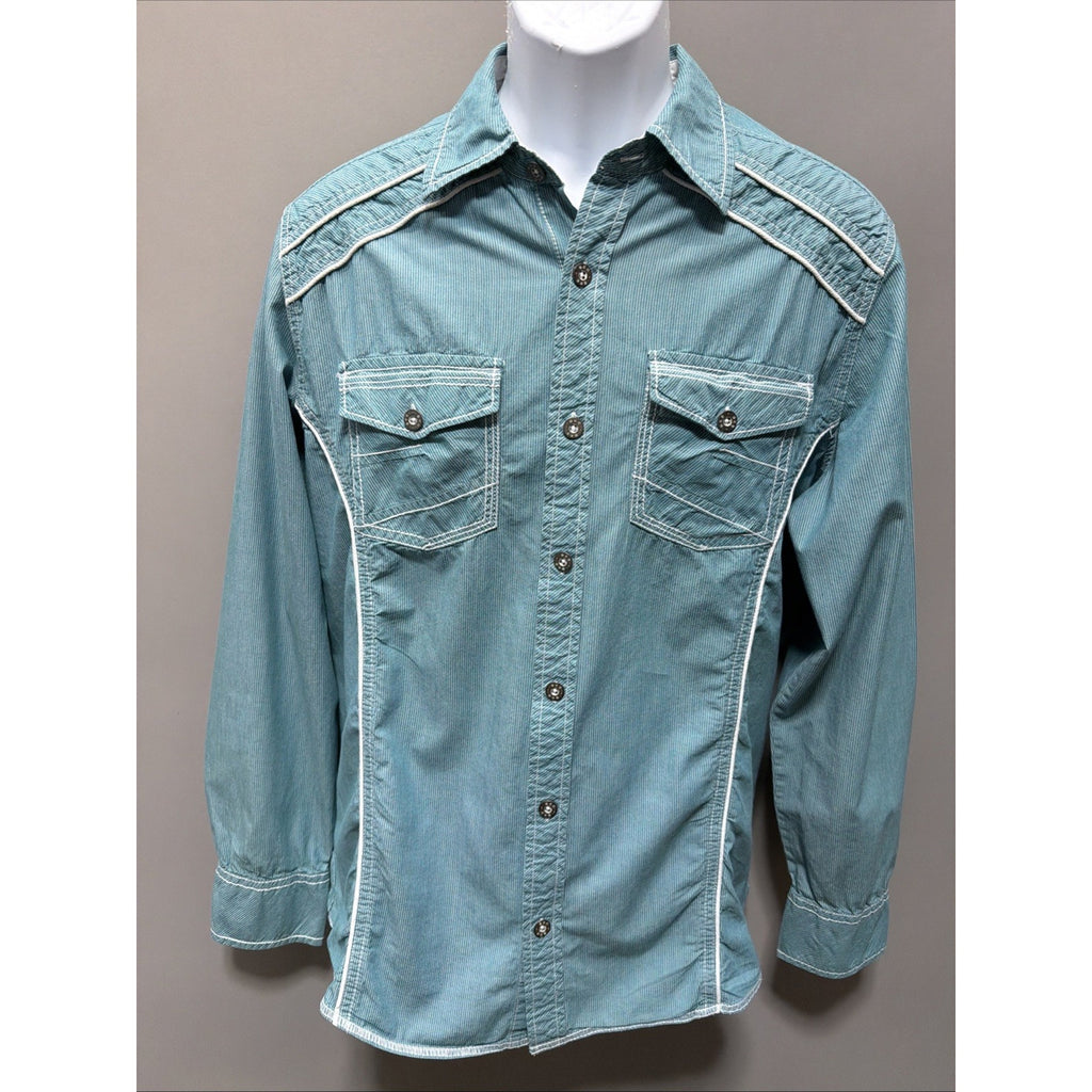 BKE Mens L shirt Blue stripe white piping thick stitch button up Standard Fit
