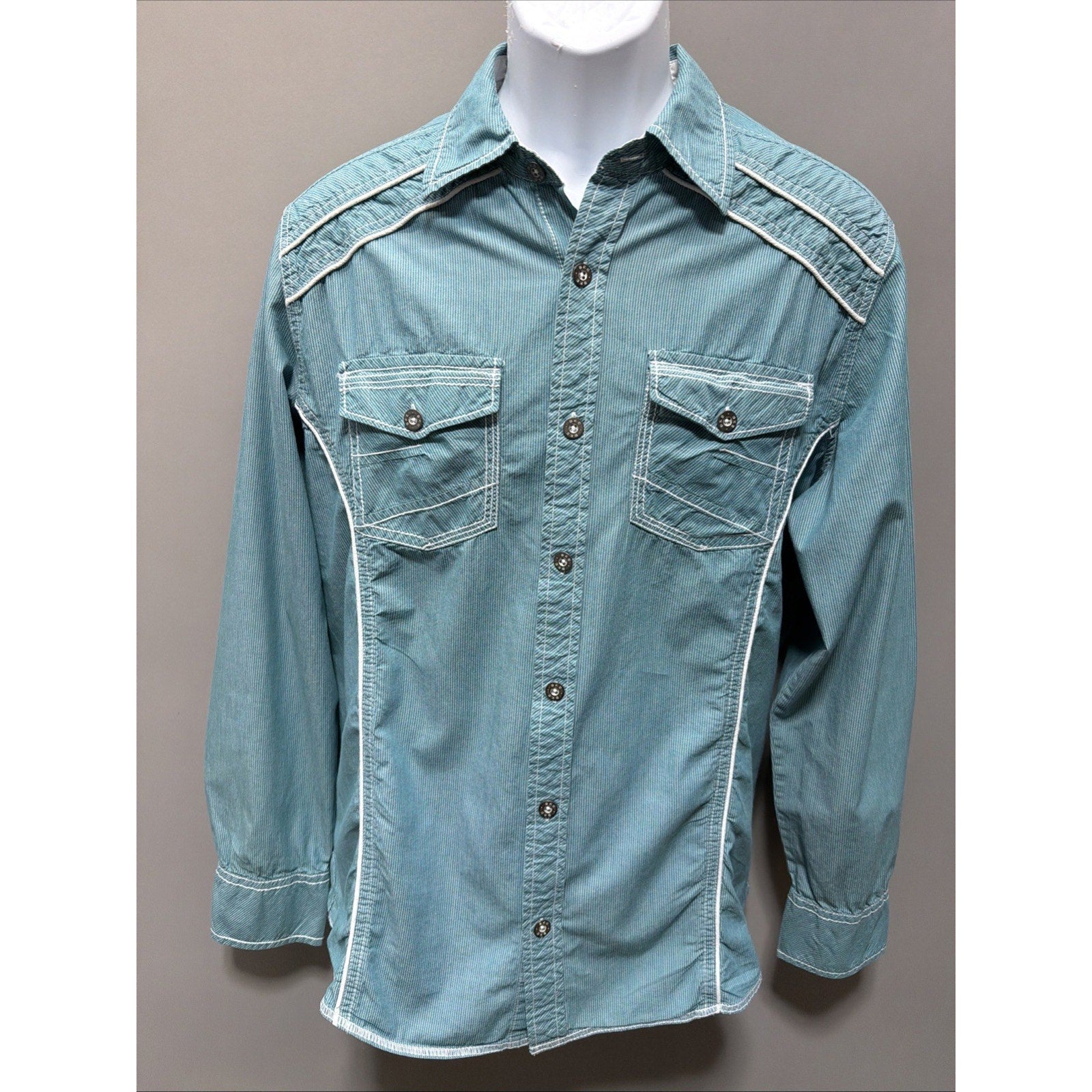 BKE Mens L shirt Blue stripe white piping thick stitch button up Standard Fit