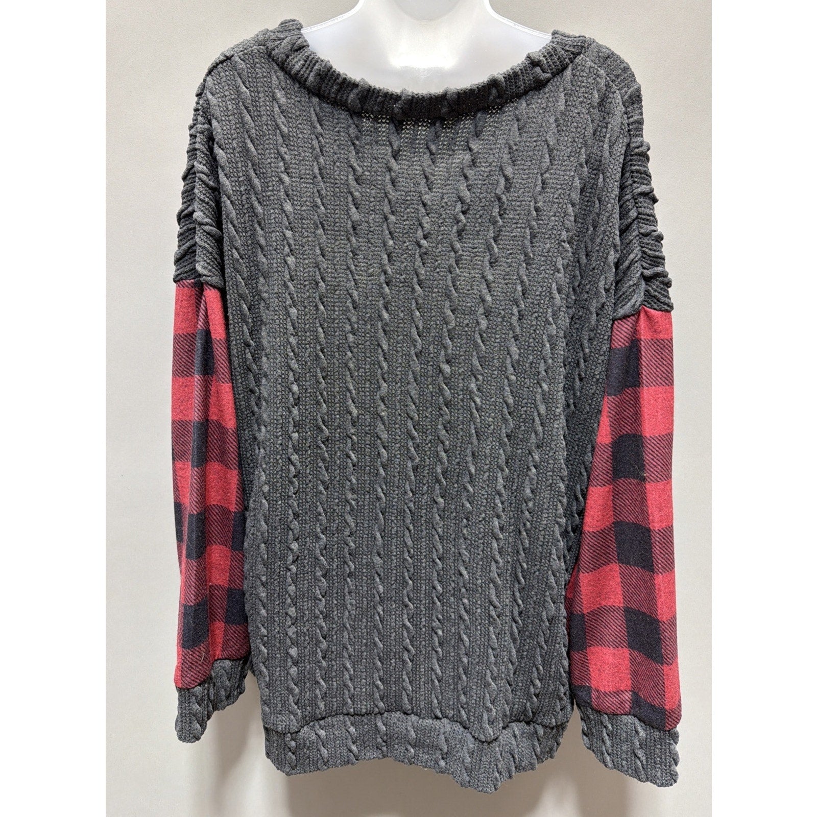 Luukse Women's Gray Plaid Sleeve Knit Casual Sweater Cabincore Cozy Casual 2X