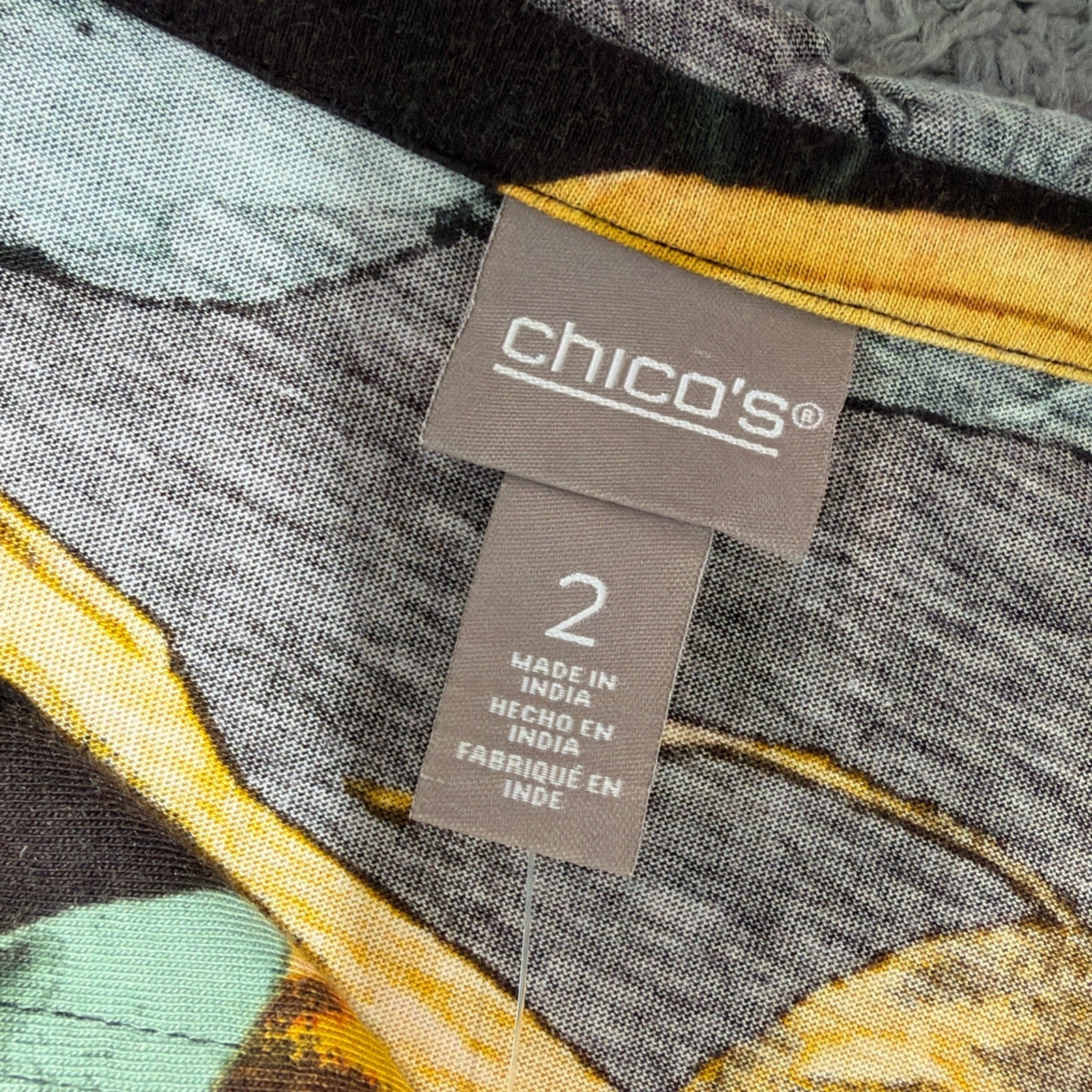 Chicos Top Womens 2 L Yellow Stretch Ruffle Neck Pullover Tropical Floral NWT