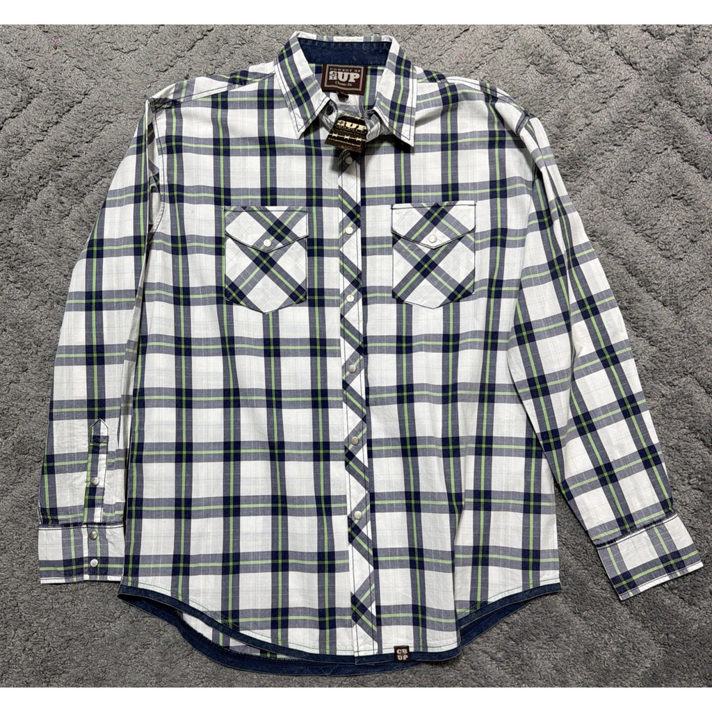 Men's NEW COWBOY UP Size Large Green/White/Blue Classic Fit Pearl Snap LS Shirt